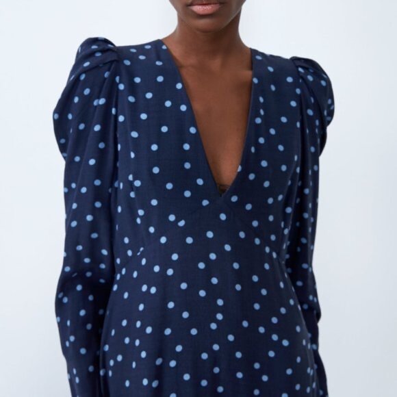 Women Zara Blue Polka Dots Dress with V-neckline, long sleeve with puff shoulder - Picture 3 of 6